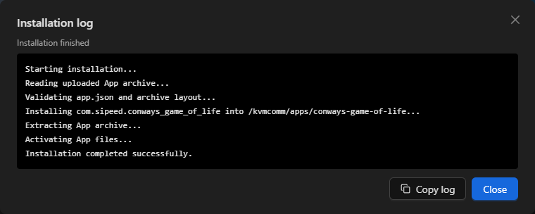Successful ZIP installation log