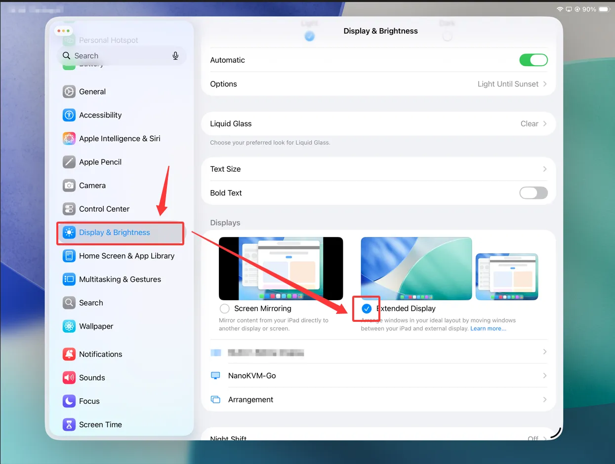 iPad Pro Display & Brightness settings with Extended Display selected