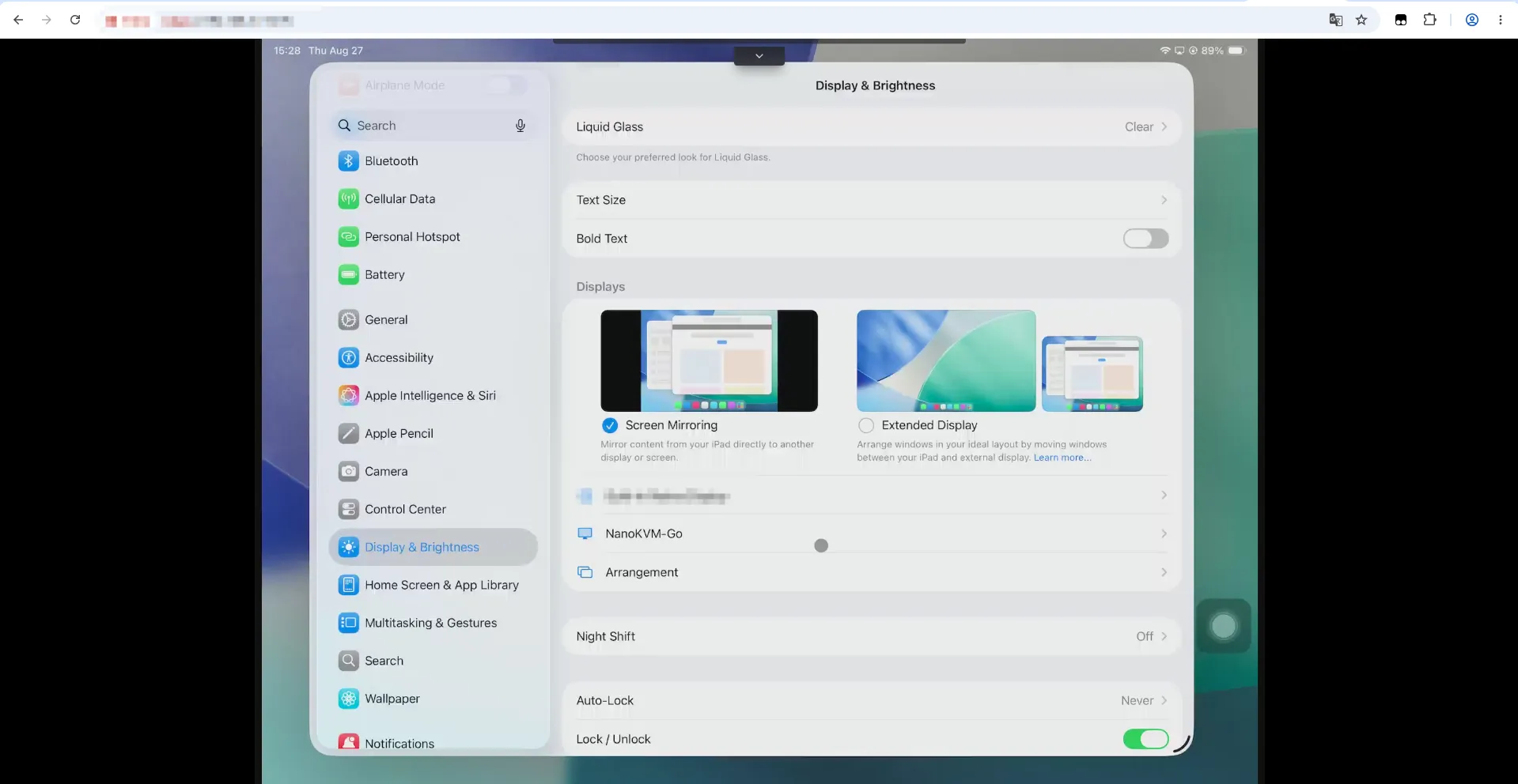 Alternative view of iPad Pro Display & Brightness with Screen Mirroring selected