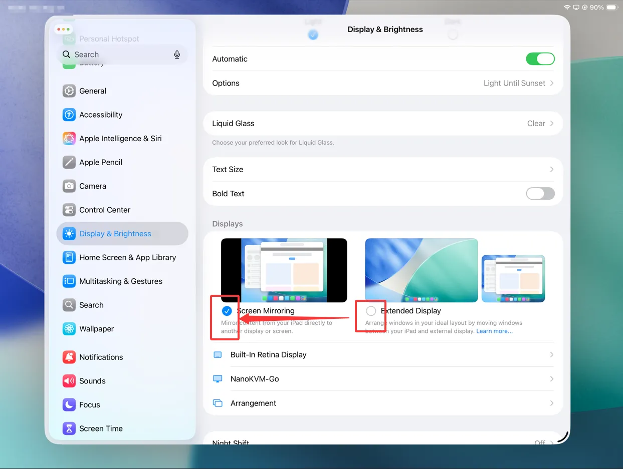 iPad Pro Display & Brightness settings with Screen Mirroring selected