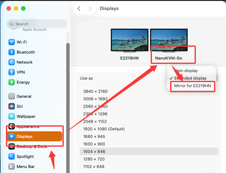 macOS Displays settings, "Mirror for E2219HN" option