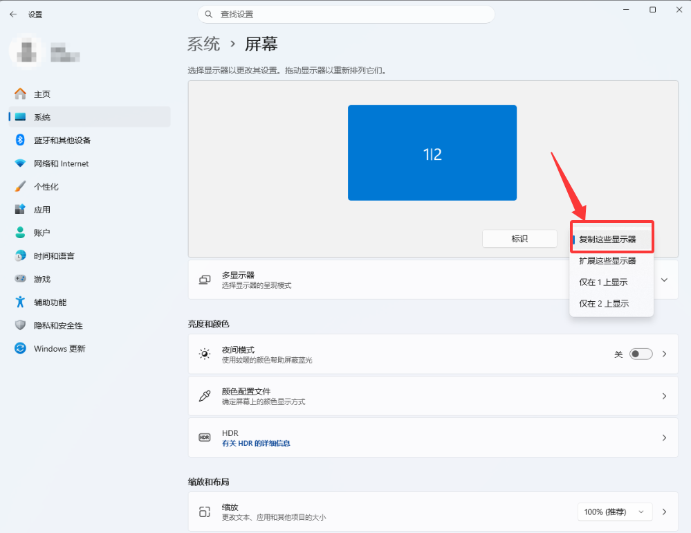 Windows“屏幕”设置中的“复制这些显示器”选项