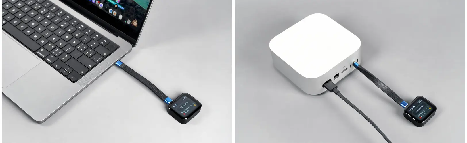 NanoKVM Go connected to a laptop and a mini PC