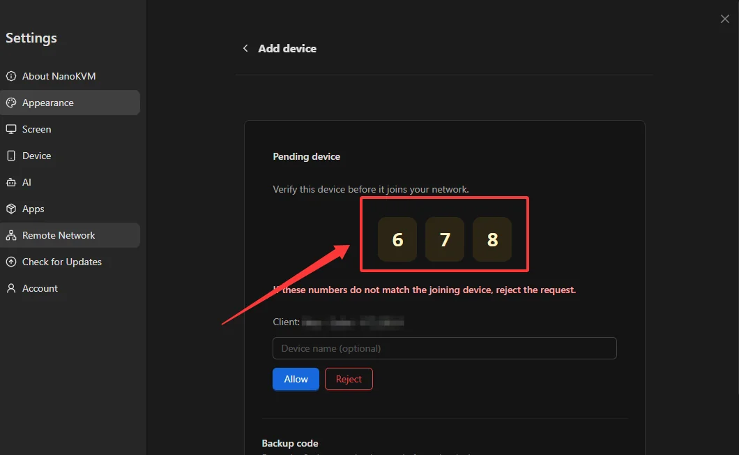 Verify the number and allow the device on NanoKVM Go