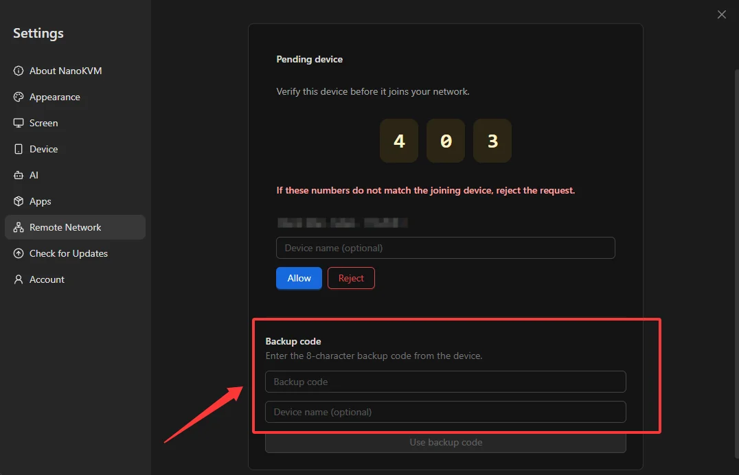 Enter the backup code on the Add device page