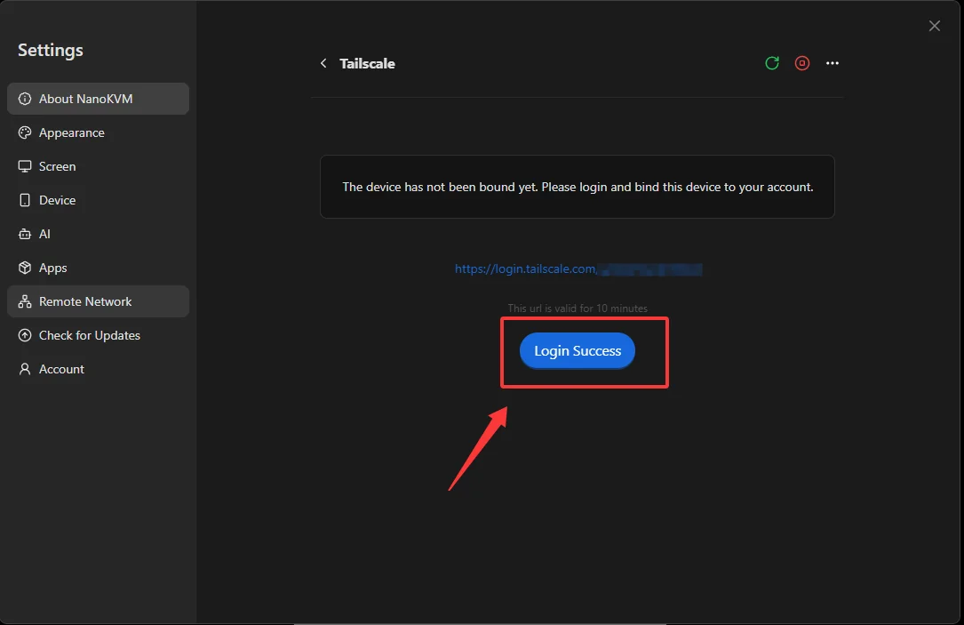 Confirm the completed login on NanoKVM Go