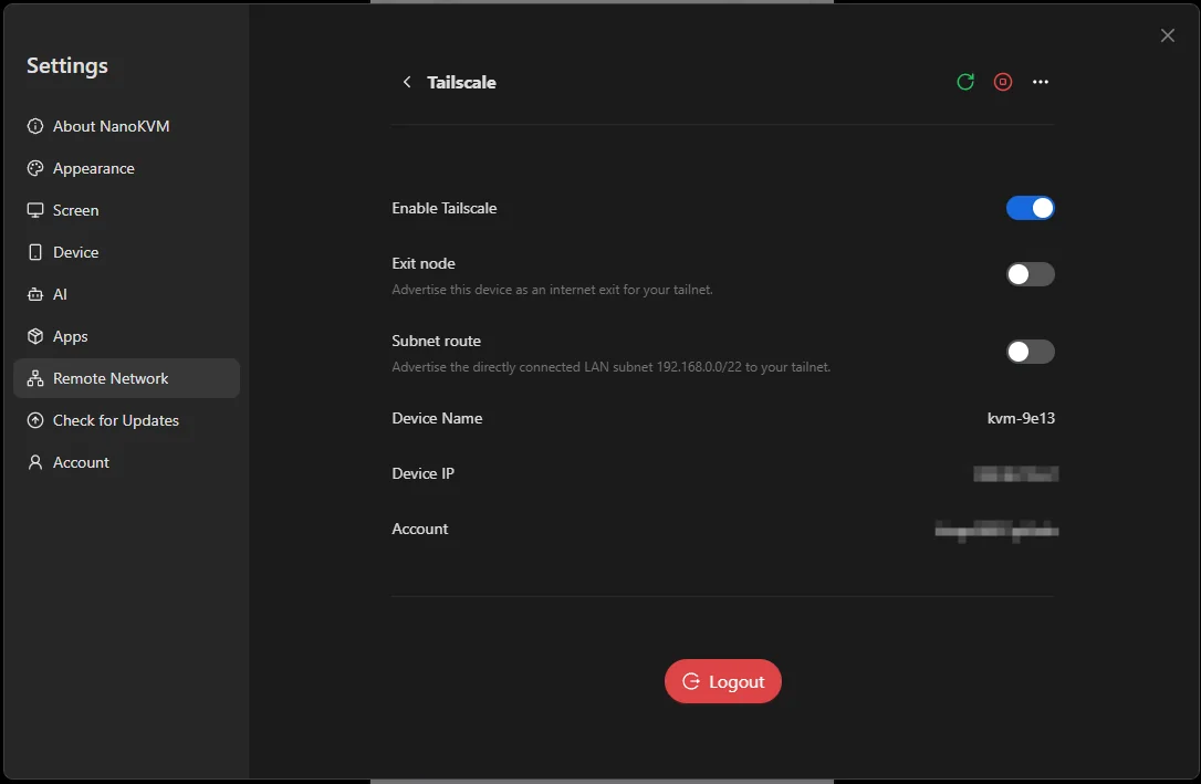 Device name, device IP, and account information on NanoKVM Go