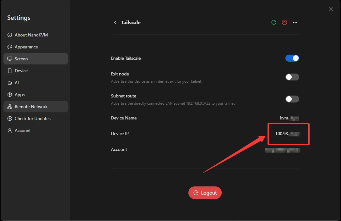 Find the Tailscale IP in the NanoKVM Go settings