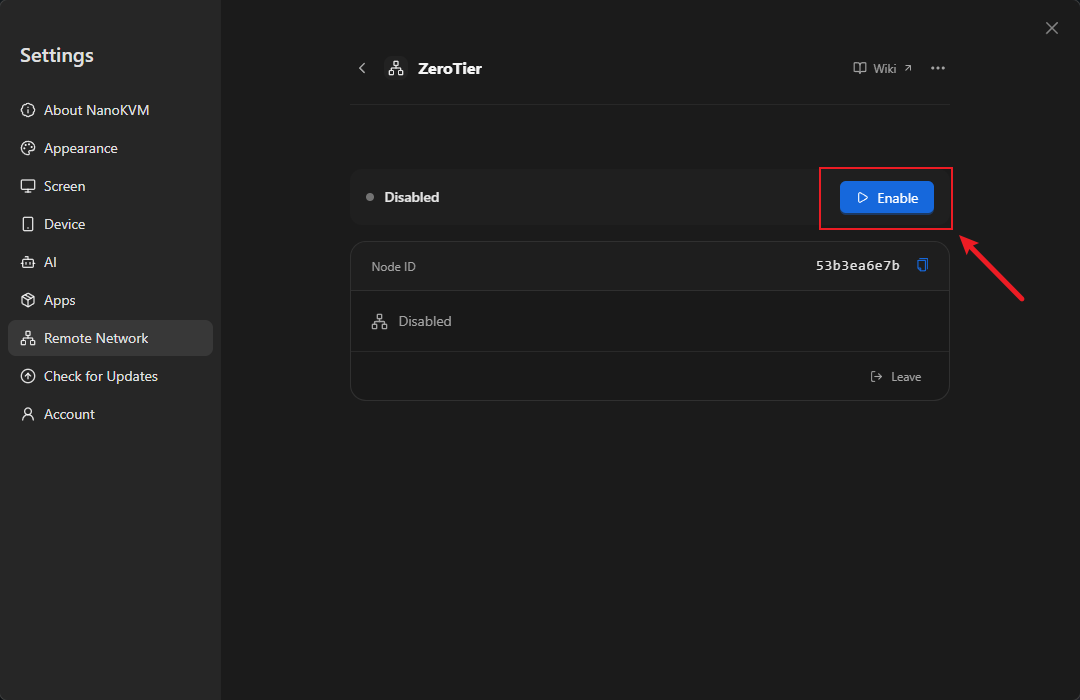 Disabled ZeroTier with the Enable button