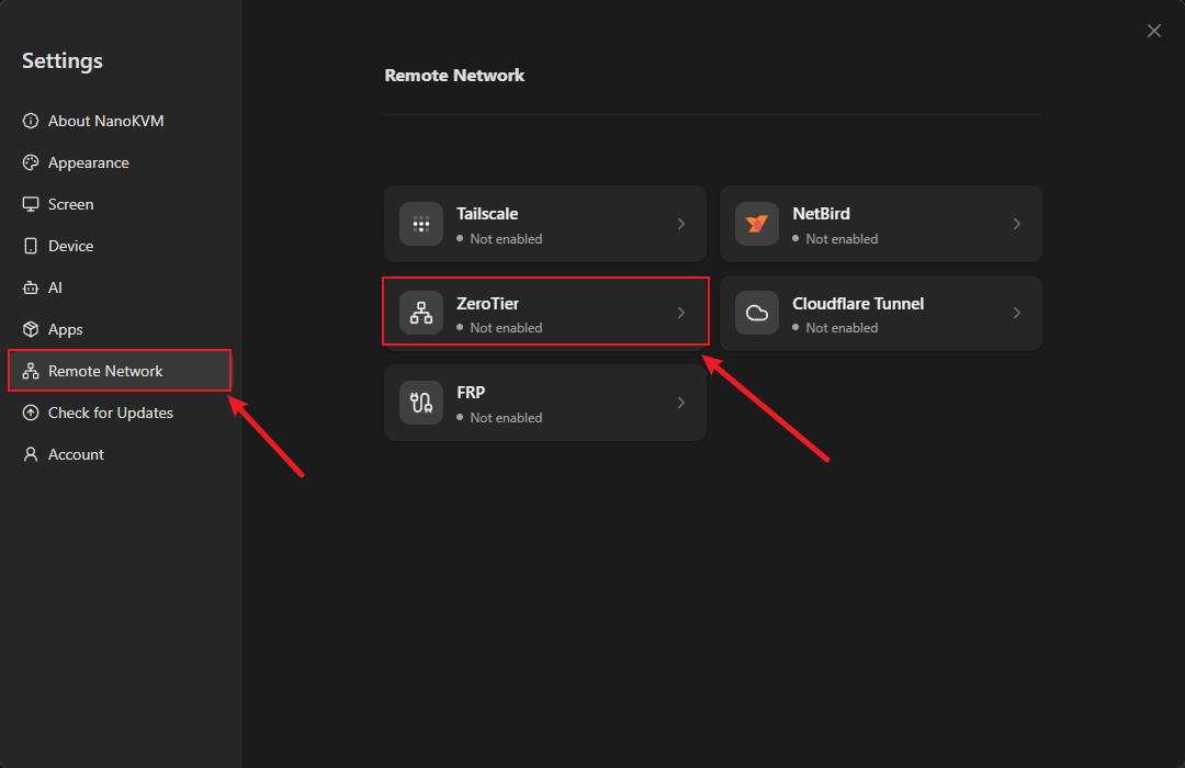 Open ZeroTier from the Remote Network page in NanoKVM Go