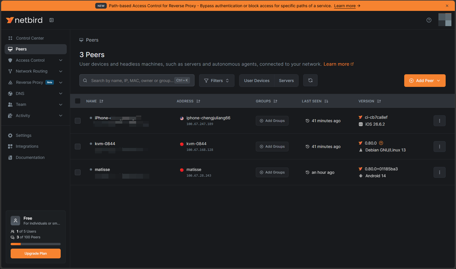 Peers page in the NetBird console