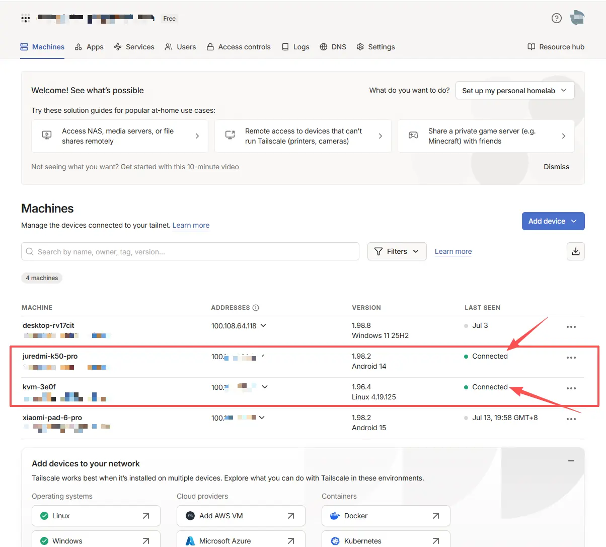 Confirm that the client device and NanoKVM Go are connected to Tailscale