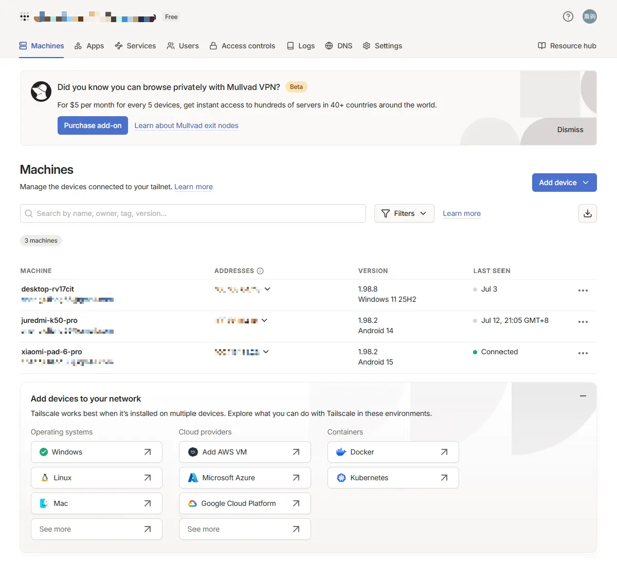 Machines device list in the Tailscale admin console