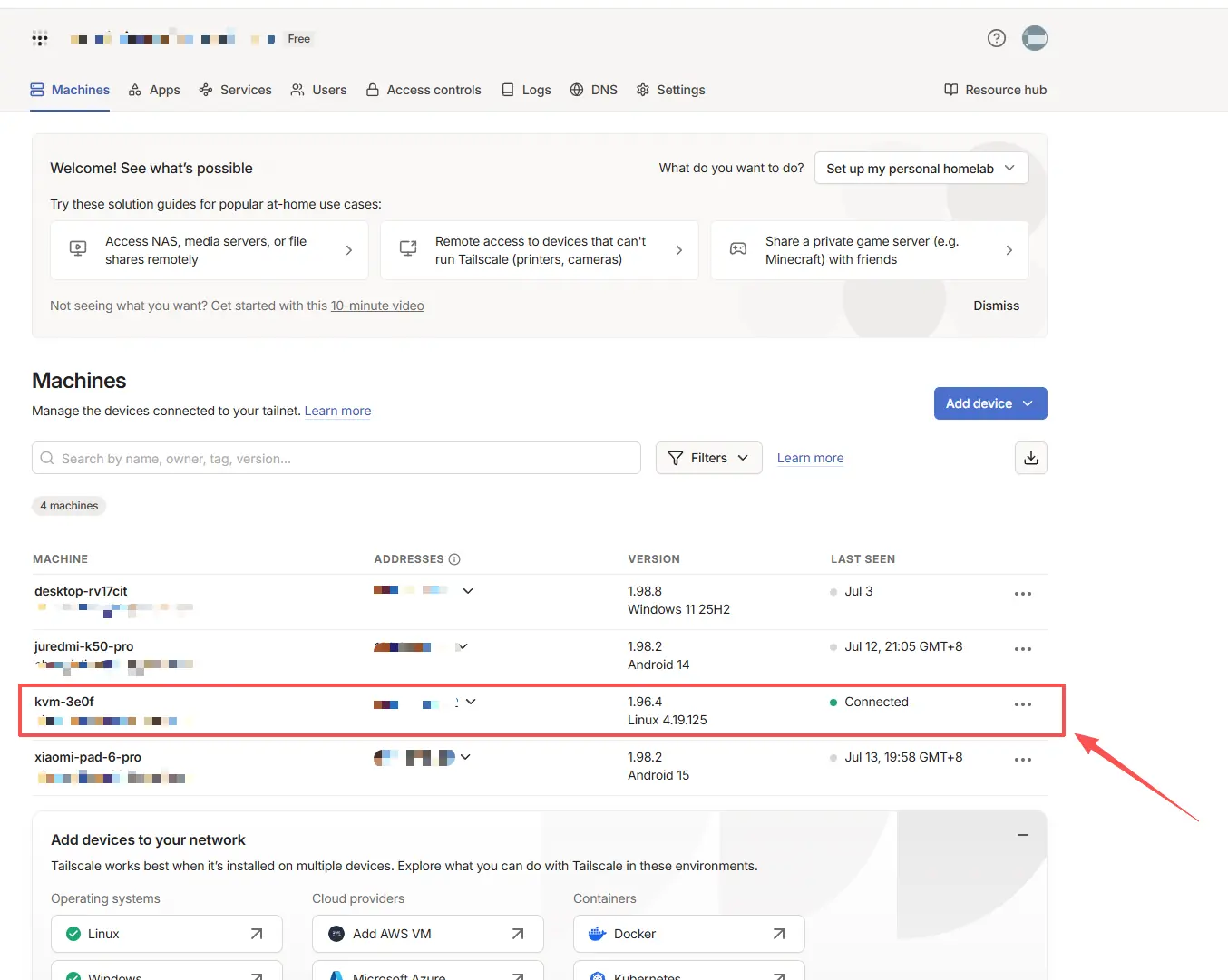 Confirm that NanoKVM Go is online in the Tailscale admin console