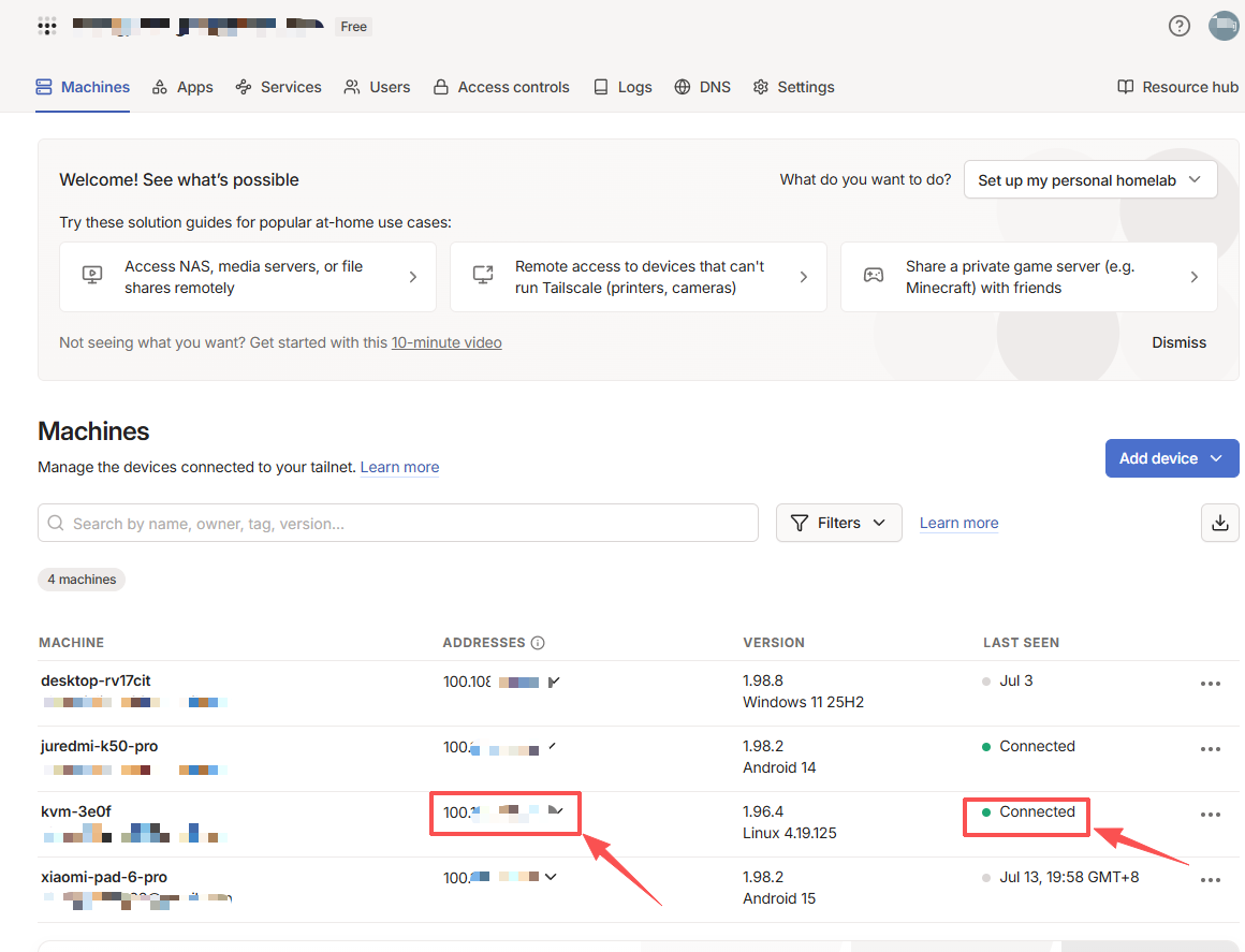 Find the NanoKVM Go Tailscale IP in the Tailscale admin console