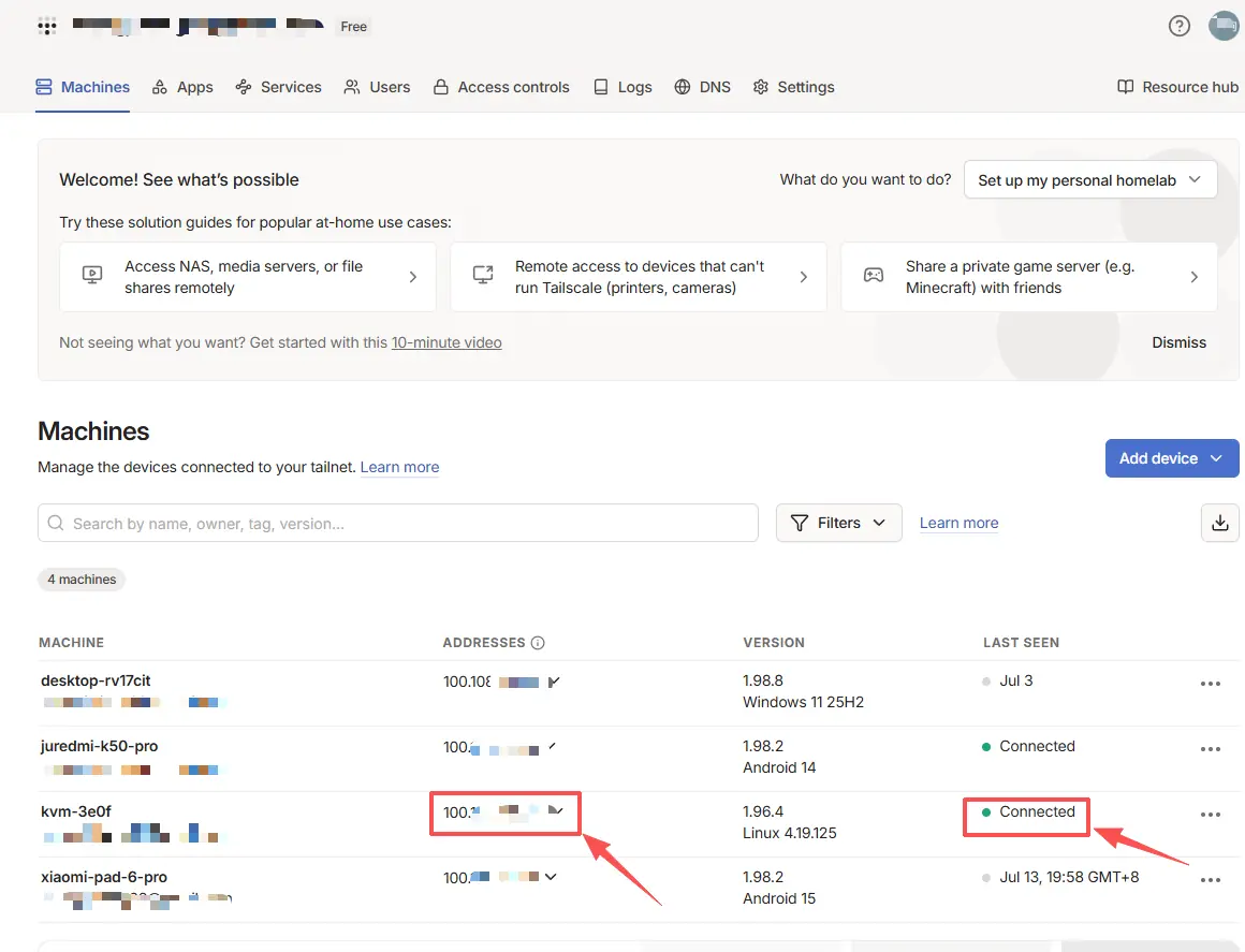 Find the NanoKVM Go Tailscale IP in the Tailscale admin console