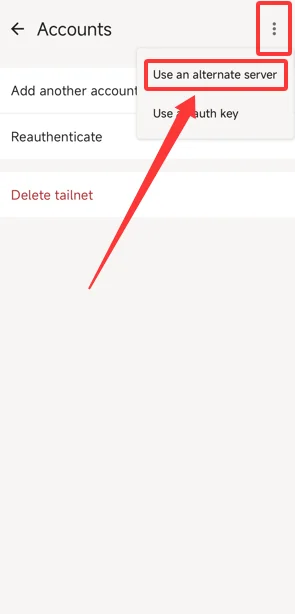 Select Use an alternate server in the Tailscale Android app