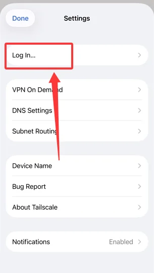 Tap Log In in the Tailscale iOS app