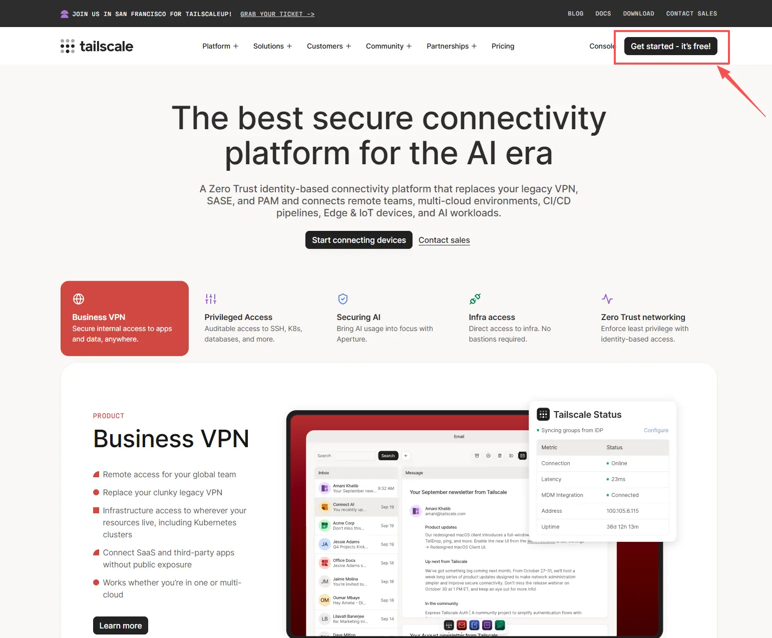 Registration and login entry on the Tailscale website