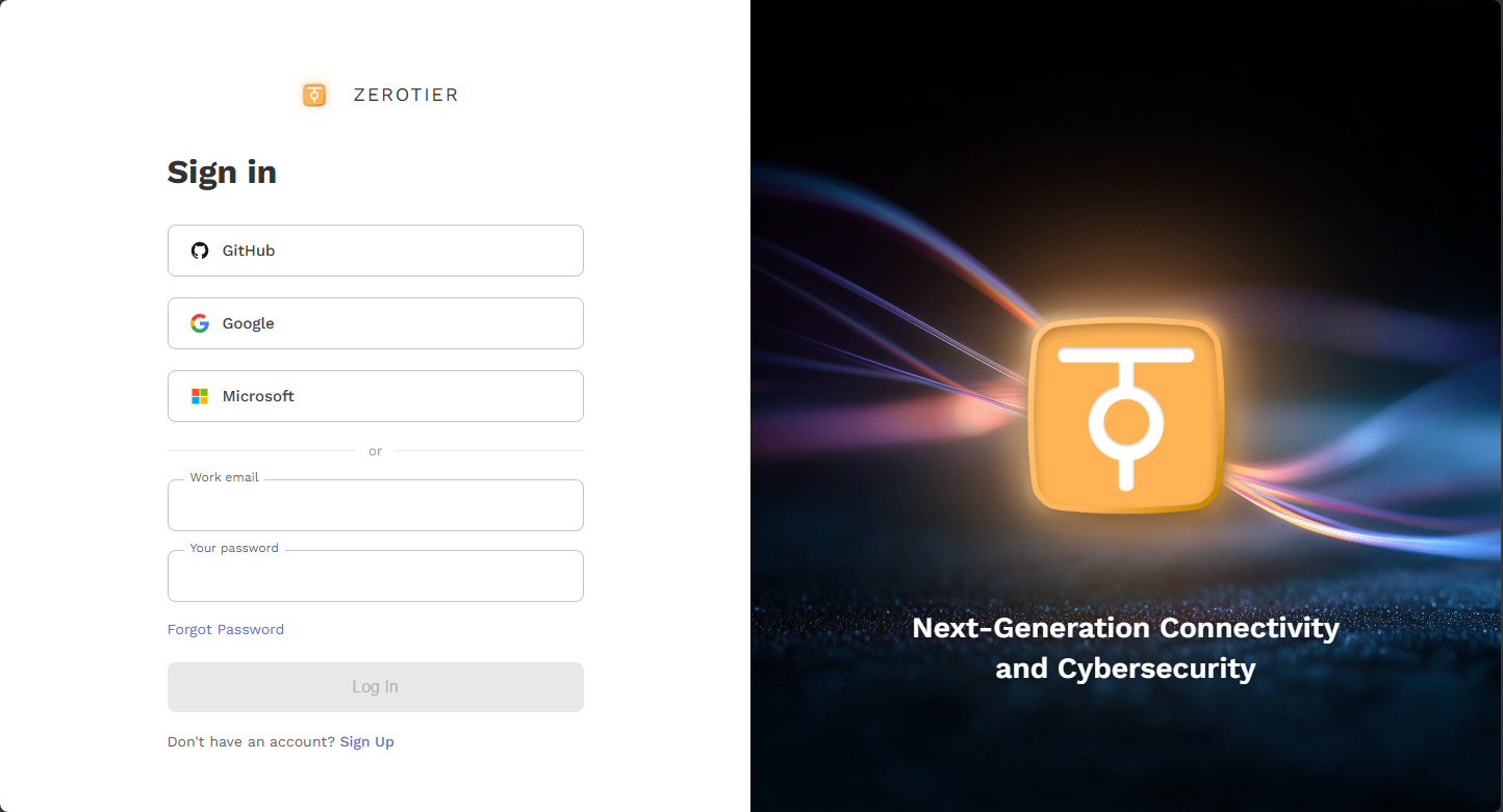ZeroTier Central sign-in page