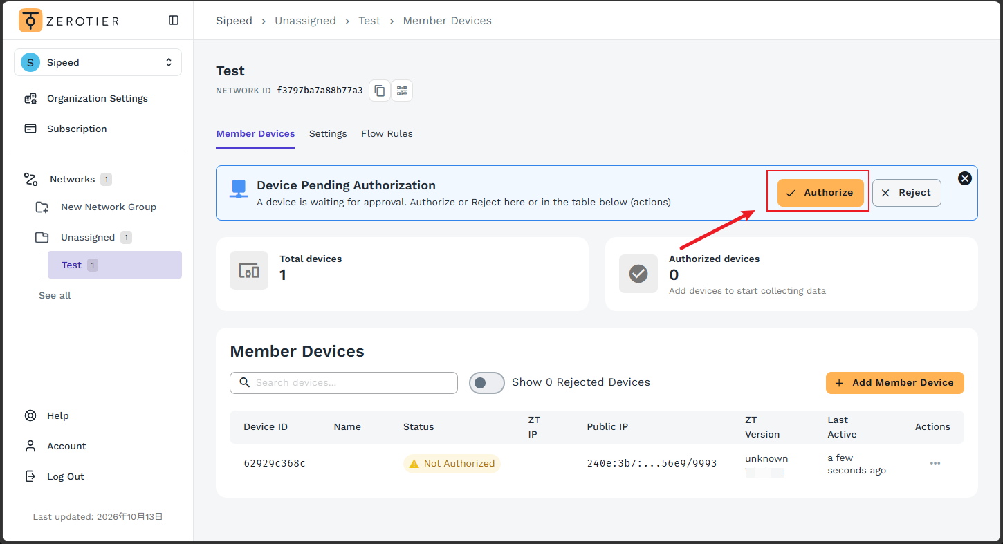 Authorize the access device under Members in ZeroTier Central