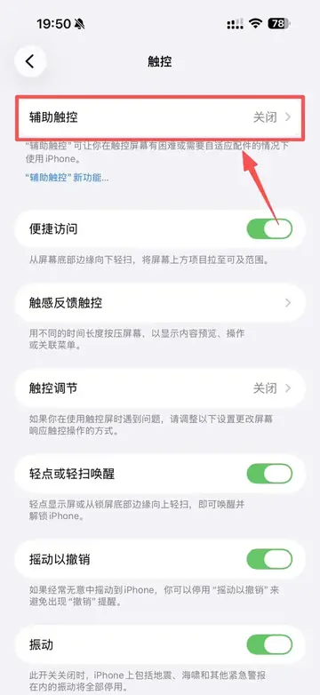 iPhone 触控设置中的辅助触控入口