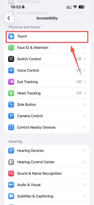 Touch in iPhone Accessibility settings