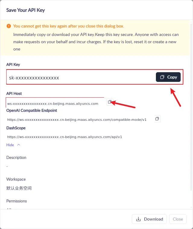 Save the Model Studio API key and API Host