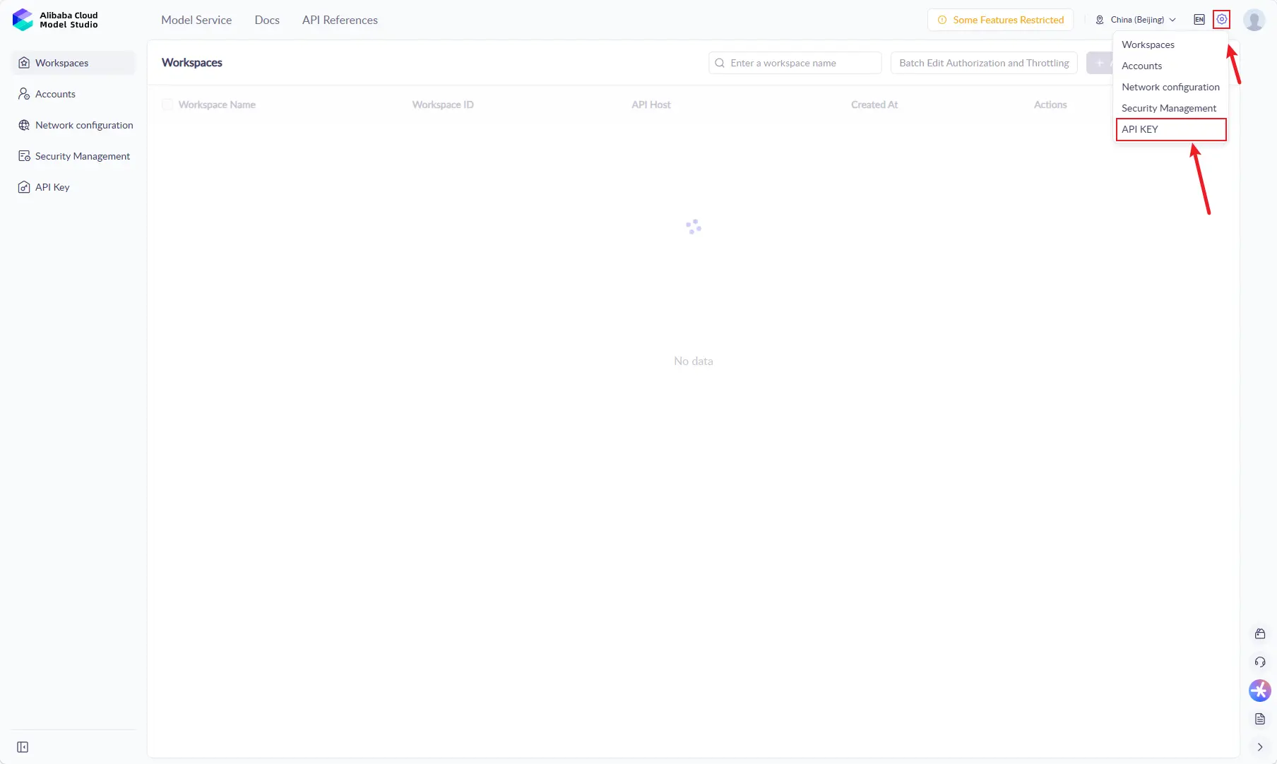 Open the Model Studio API Key page