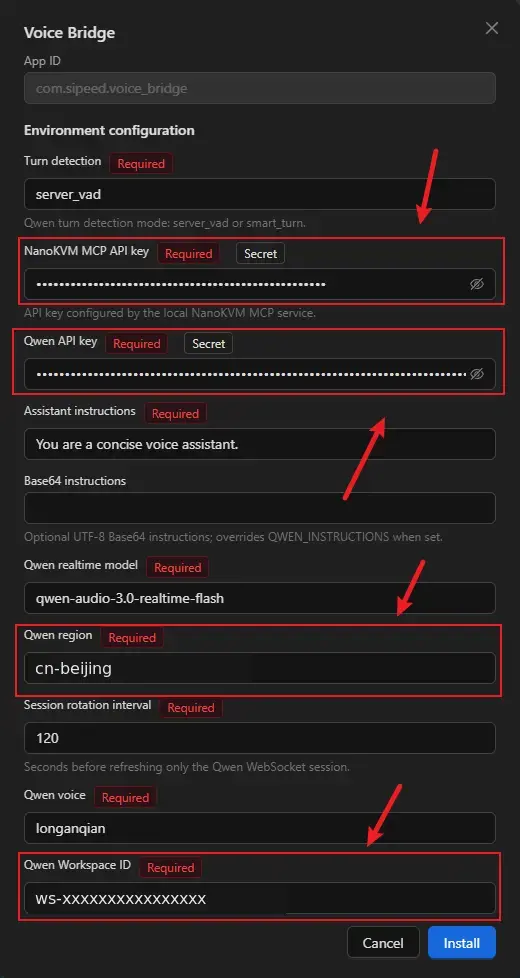 Voice Bridge installation configuration window