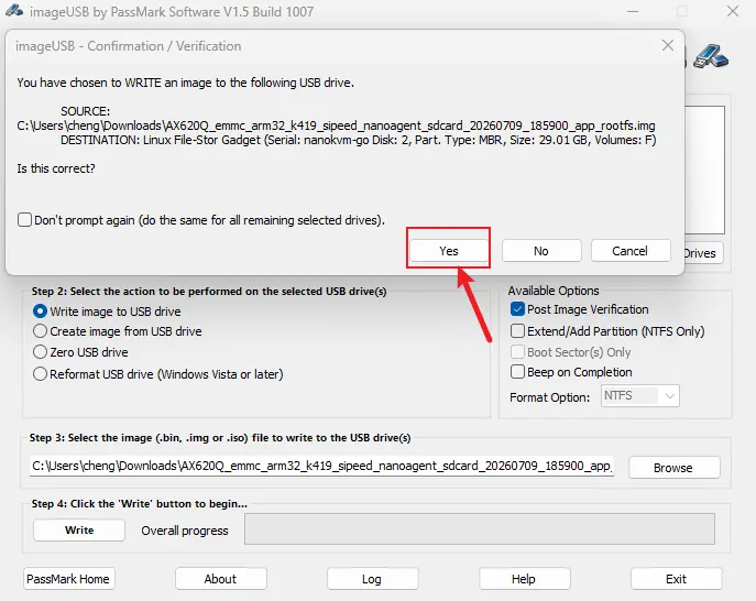 Confirm the ImageUSB write operation