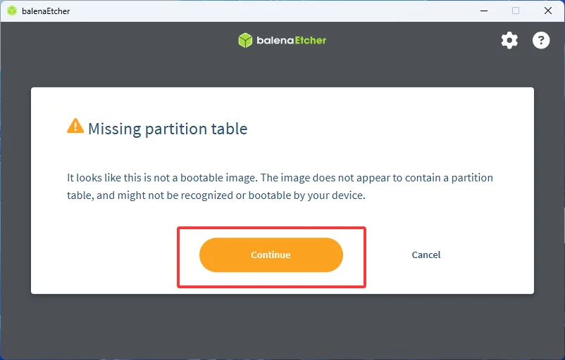 Missing partition table warning in balenaEtcher