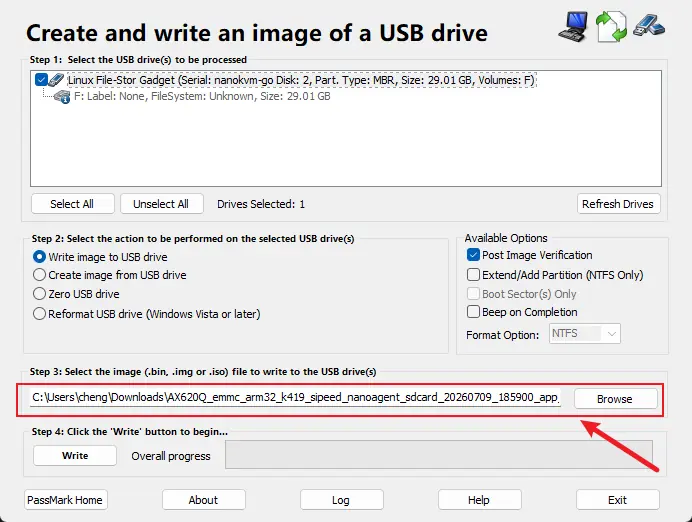 Select the NanoKVM Go image in ImageUSB