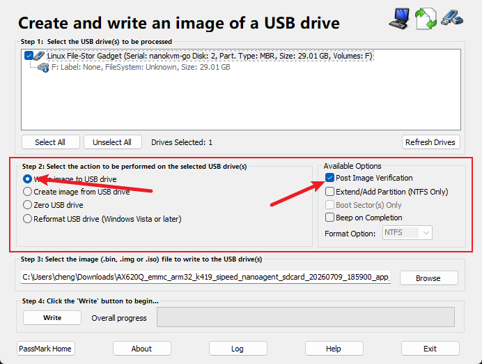 Select write image mode in ImageUSB