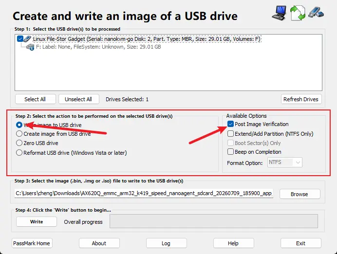 Select write image mode in ImageUSB