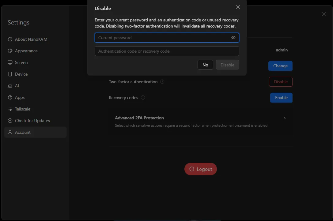 Confirm disabling two-factor authentication