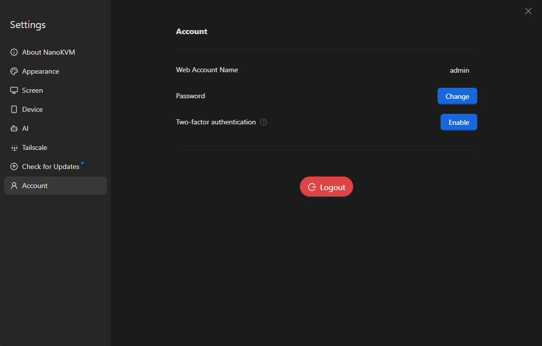 NanoKVM Go account settings page