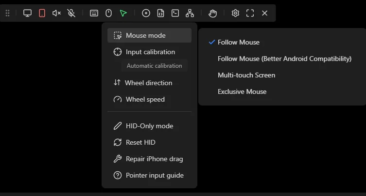 NanoKVM Go mouse settings menu