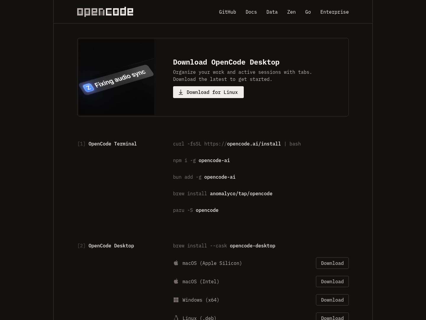 Figure 2: OpenCode official download page. Source: OpenCode download page.