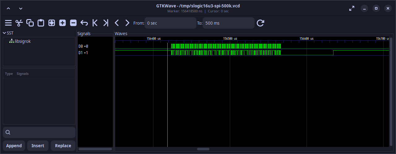 500 kHz SPI waveform captured by SLogic16U3